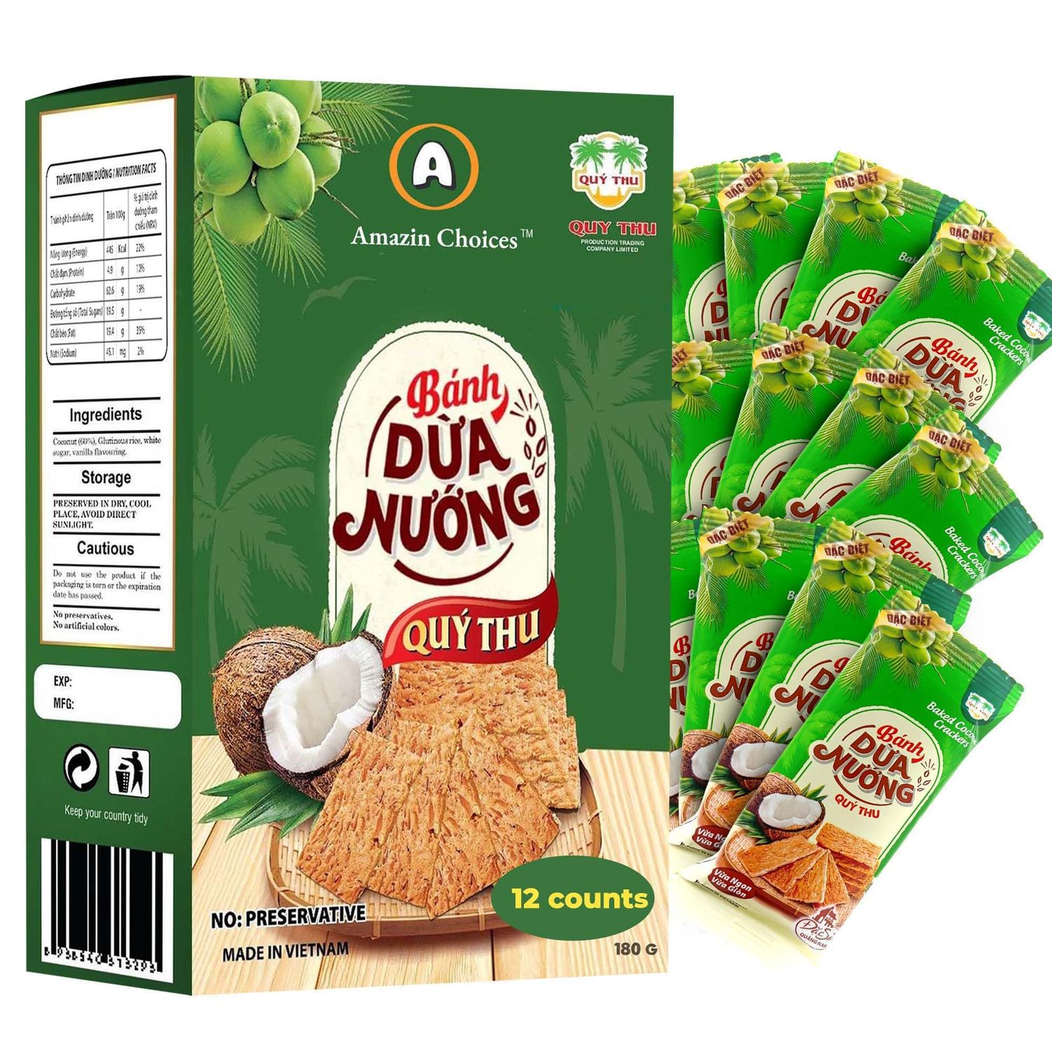 Amazin Choices Baked Coconut Crackers - Gluten-Free, Vegan, No Artificial Colors | Crispy, Sweet Coconut Snacks from Vietnam - Gourmet Coconut Crackers, 7.4 oz (12 Count)