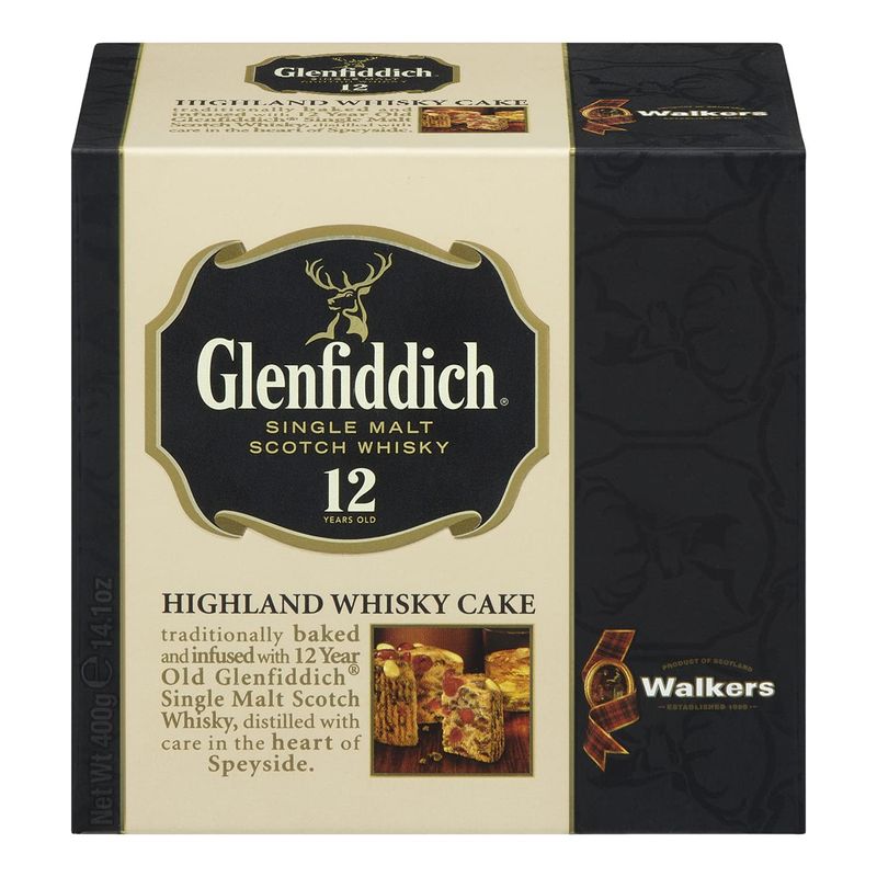 Walkers Highland Whiskey Cake - 14.1 oz Fruit Cake Infused with Glenfiddich Single-Malt Scotch Whisky - Luxury Holiday Treat and Dessert from Scotland