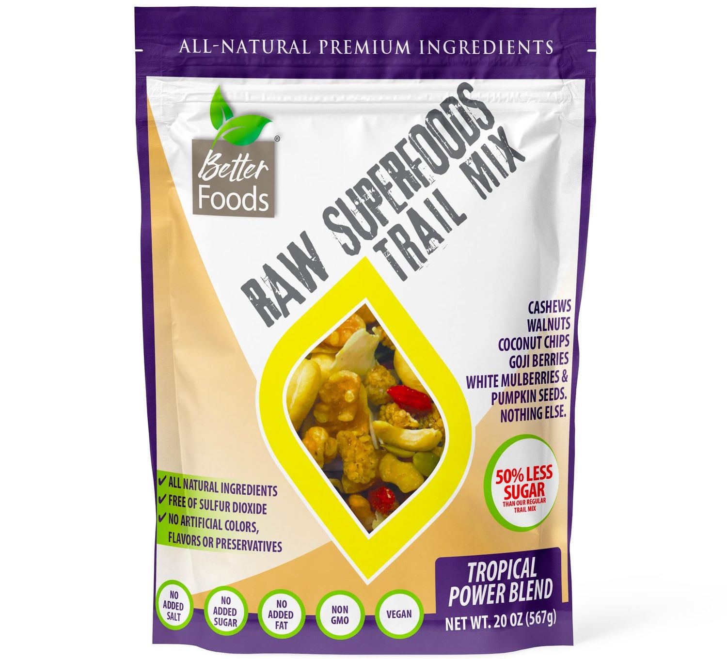 BetterFoods Raw Superfoods Trail Mix - Tropical Power Blend | Low Sugar Trail Mix | Vegan, Non-GMO, Gluten &amp; Soy Free | Cashews, Mulberries, Pumpkin Seeds, Walnuts, Goji Berries &amp; Coconut, 20oz