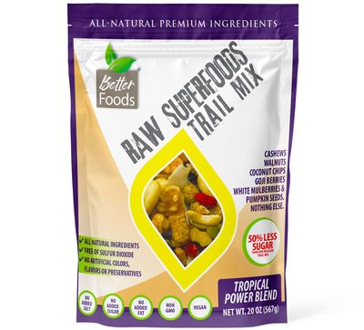 BetterFoods Raw Superfoods Trail Mix - Tropical Power Blend | Low Sugar Trail Mix | Vegan, Non-GMO, Gluten &amp; Soy Free | Cashews, Mulberries, Pumpkin Seeds, Walnuts, Goji Berries &amp; Coconut, 20oz