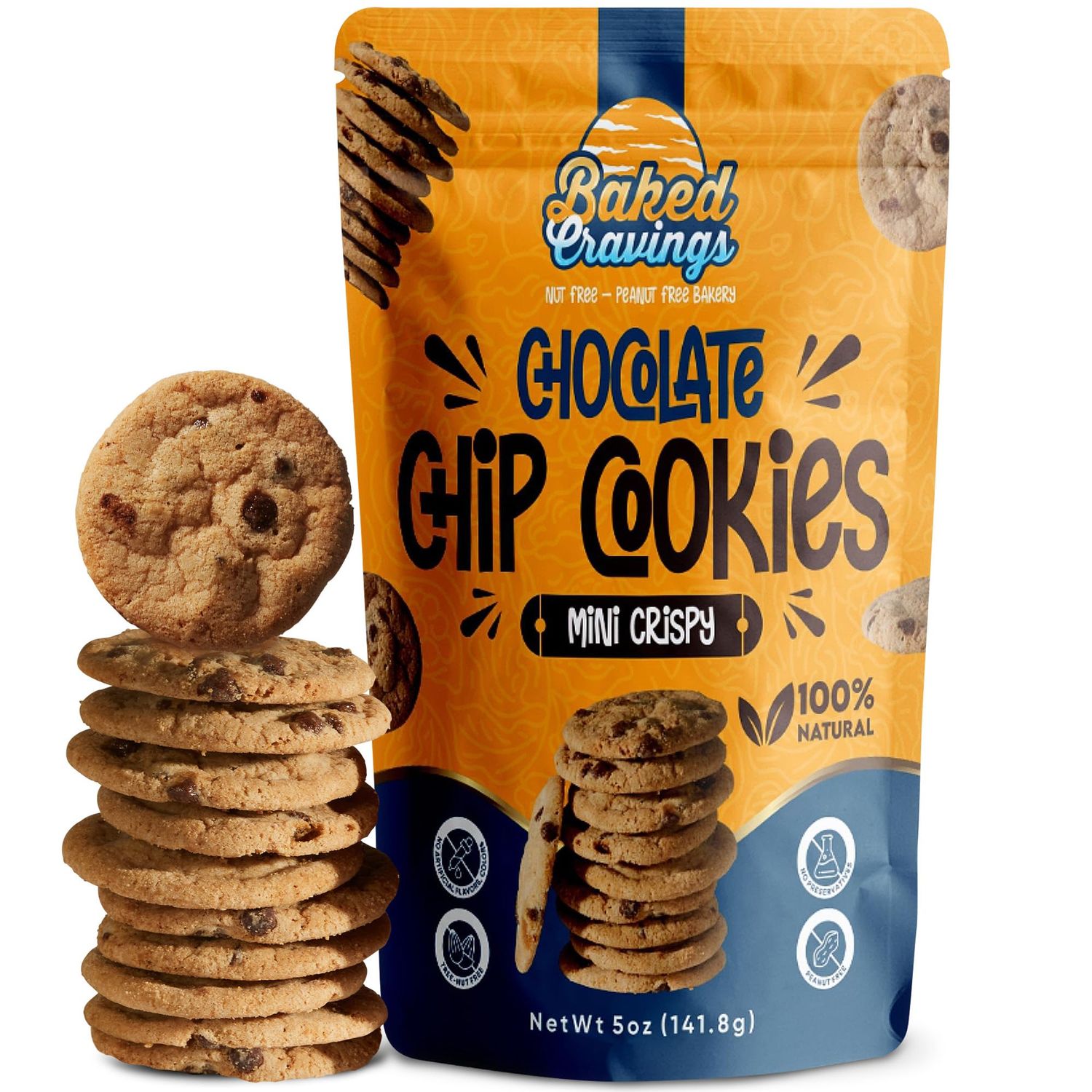 Baked Cravings Mini Chocolate Chip Cookies (24 Cookies) | Nut-Free &amp; Peanut-Free, 100% Natural Classic and Crispy Chocolate Cookies | No Preservatives, No Artificial Flavors or Colors - 5oz Bag