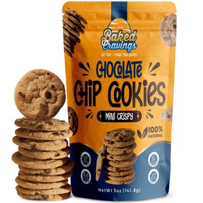 Baked Cravings Mini Chocolate Chip Cookies (24 Cookies) | Nut-Free &amp; Peanut-Free, 100% Natural Classic and Crispy Chocolate Cookies | No Preservatives, No Artificial Flavors or Colors - 5oz Bag