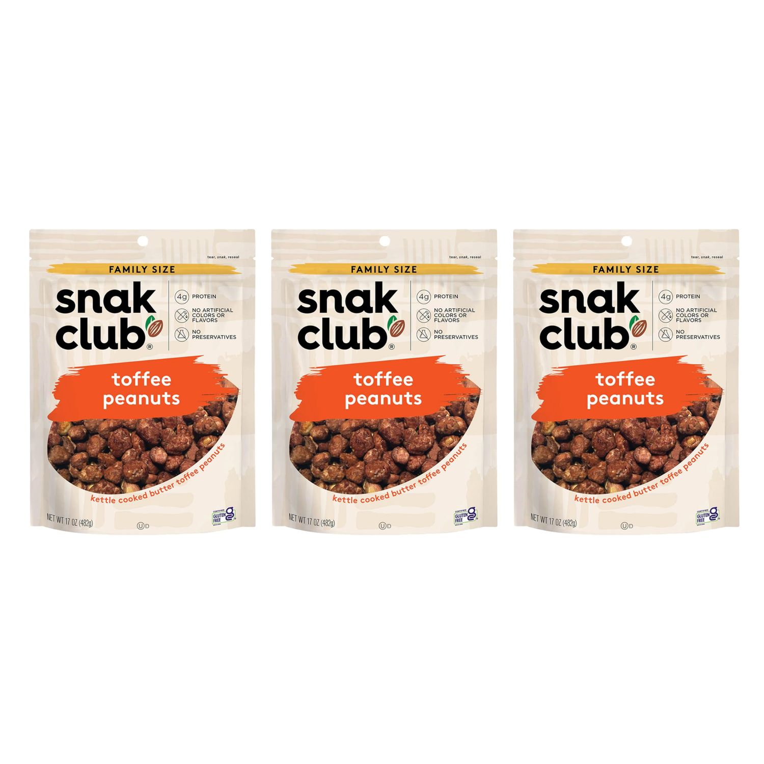 Snak Club Toffee Peanuts, Candied Peanuts with Praline Coat and Sweet Cream, Gluten-Free and Kosher Snack, 17 oz Resealable Bags, 3 Pack