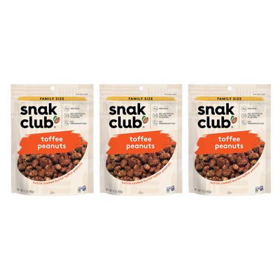 Snak Club Toffee Peanuts, Candied Peanuts with Praline Coat and Sweet Cream, Gluten-Free and Kosher Snack, 17 oz Resealable Bags, 3 Pack