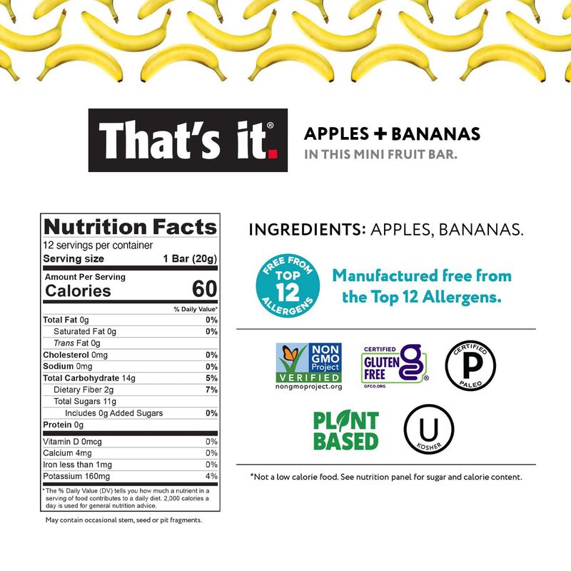 That's it. Mini Fruit Bars Gift Pouch (Variety 36 Count) No Sugar Added, Plant-Based, Vegan &amp; Gluten Free, Paleo, Non GMO, Fiber (12 Banana, 12 Blueberry, 12 Mango)