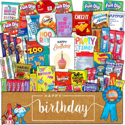 Birthday Party Care Package (50 Count) Snacks Food Cookies Bar Chips Candy Party Variety Gift Box Pack Assortment Basket Bundle Mix Bulk Sampler Treat College Students Kids Teens Office School