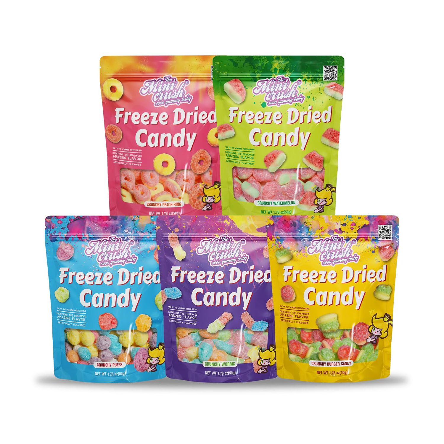 Freeze Dried Candy - 5 Flavors Variety Pack Crunchy Peach Rings, Watermelon, Puffs, Worms, Burger Candy - 1.7oz Each, Sweet Treat Snack for Sharing