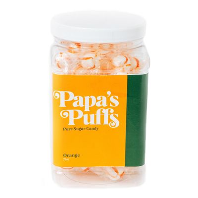 Papa&#39;s Puffs Orange Flavored Pure Sugar Candy - Individually Wrapped in Resealable Tub - Fat-Free, Gluten-Free, Cholesterol-Free - Manufactured in the USA