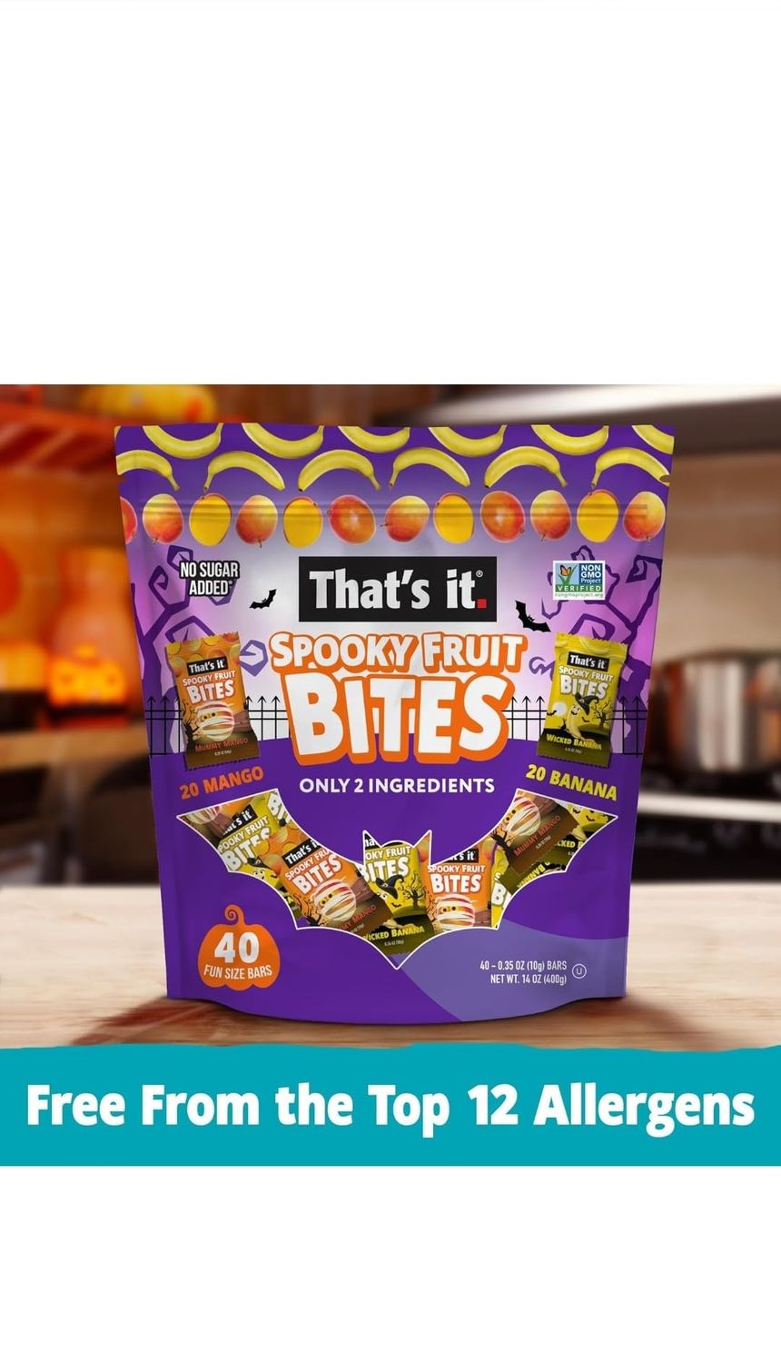 Generic Thats it. Spooky Fruit Bites Halloween Fun Size Fruit Bars Variety Pack (Mango, Banana), Non-GMO, Allergen Friendly, Kosher, Gluten Free Snacks No Added Sugar (40 PCS, 10g Each)