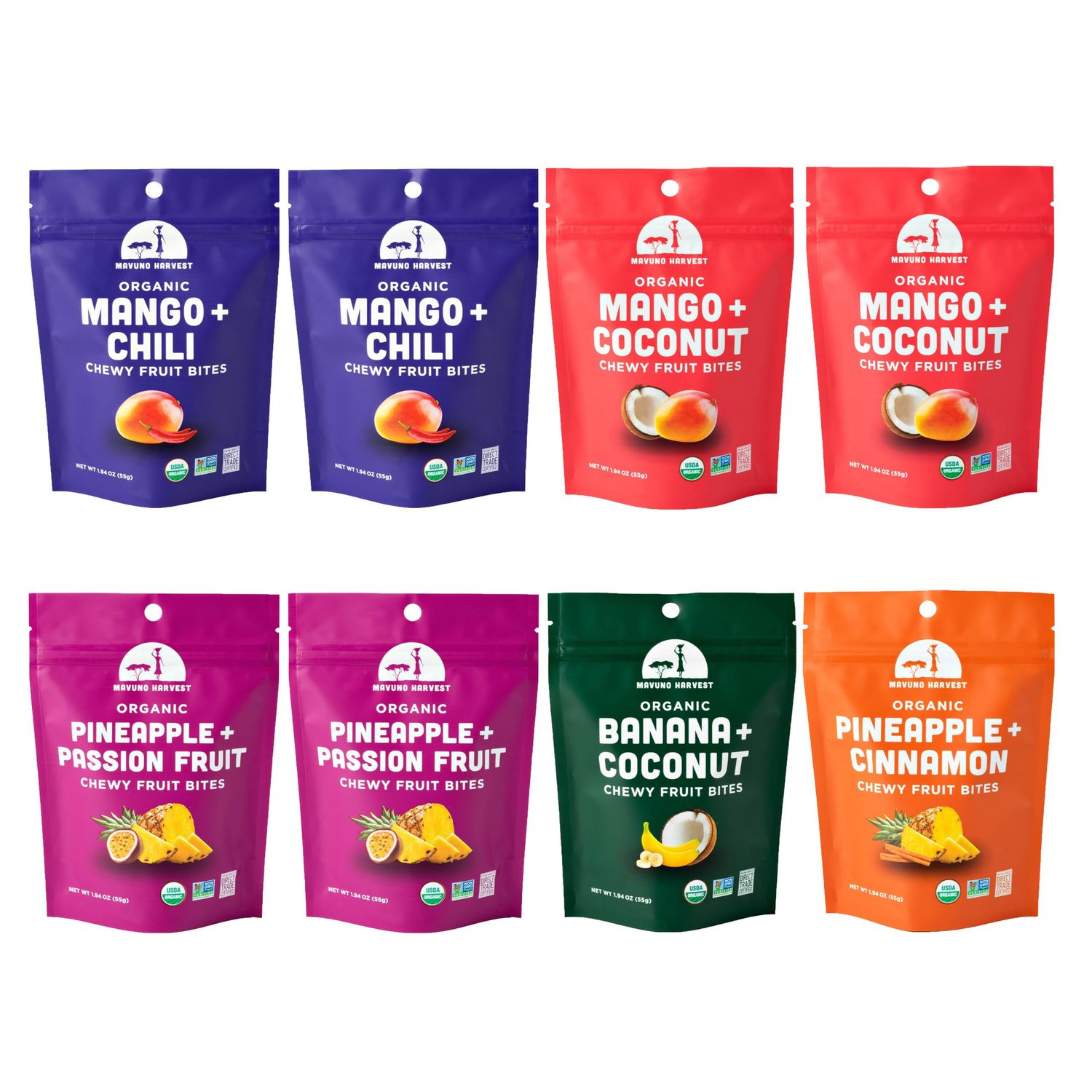 Mavuno Harvest Organic Fruit Snacks - Chewy Fruit Bites - Fiber-Rich &amp; Healthy Food for Kids &amp; Adults - Ethically Sourced, Non-GMO, No Preservatives - Variety Pack - 1.94-oz. Snack Packs, Pack of 8
