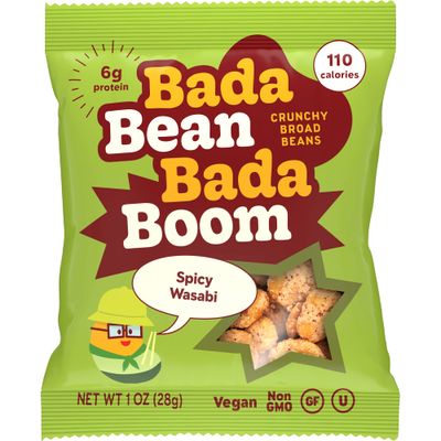 Bada Bean Bada Boom, Crunchy Roasted Broad Bean Snacks (Fava), High Protein, Vegan, Gluten-free - 110 Calorie Packs, Spicy Wasabi, 1 Ounce (Pack of 24)