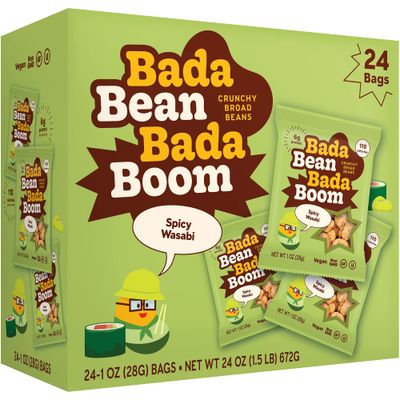 Bada Bean Bada Boom, Crunchy Roasted Broad Bean Snacks (Fava), High Protein, Vegan, Gluten-free - 110 Calorie Packs, Spicy Wasabi, 1 Ounce (Pack of 24)