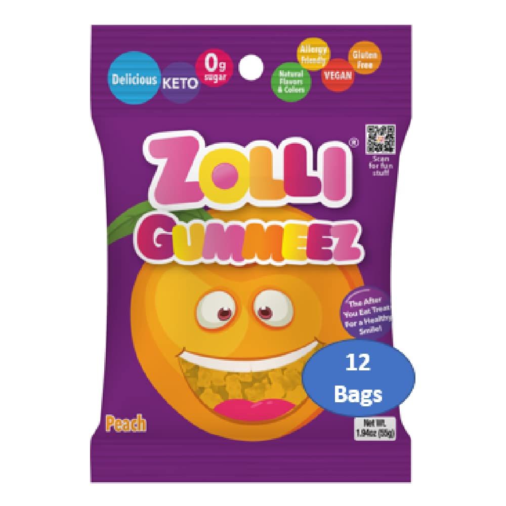 Zolli Gummies Peach - Delicious Zero Sugar, Allergy-Free, KETO, Vegan Clean Teeth Candy - 12 Packs of 1.94oz for a Peachy and Dental-Friendly Snacking Experience