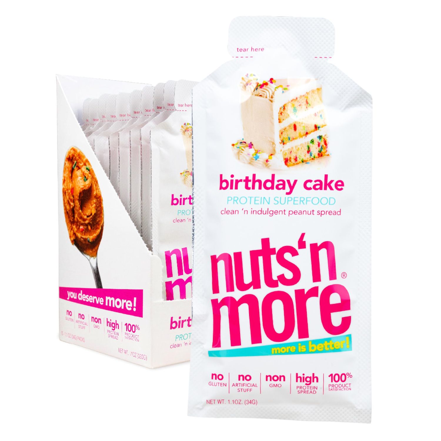 Nuts &#39;N More Birthday Cake Snack Packs  High Protein Peanut Spread, All Natural, Healthy, Omega 3s and Antioxidants  Low Carb, Low Sugar, Gluten Free, Non GMO (1.10oz Packets, 10 Pack)