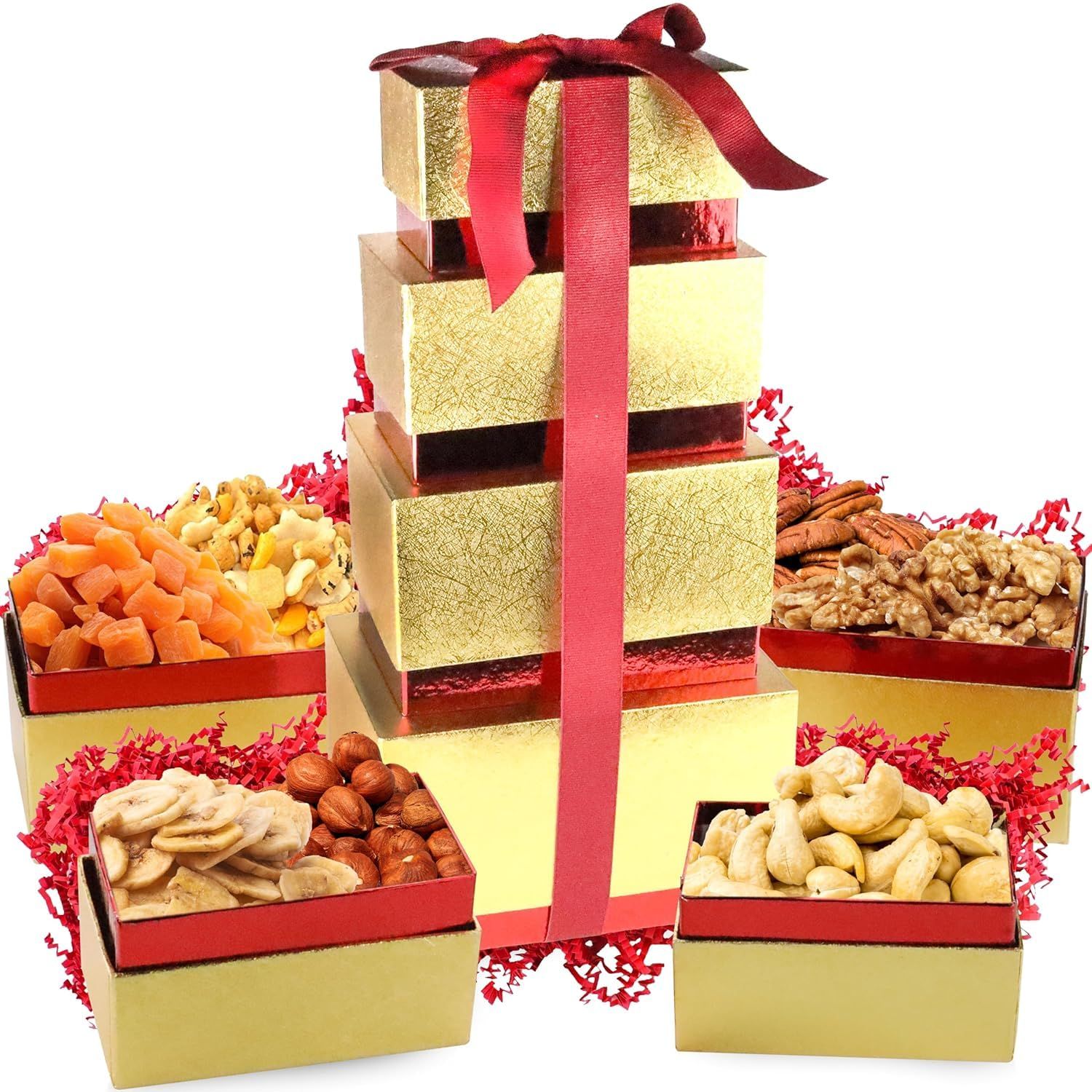 Anna and Sarah Tower Box Nuts&amp;Snack Gifts with Walnut, Rice Crackers, Banana Chips, Papaya, Oregon Hazelnut, Cashew and Pecan all Individually packed Gift Box for Christmas, Mom,Dad, Everyone