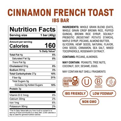 Fody Foods IBS Bar with Prebiotic Fiber | Cinnamon French Toast | Low Fodmap Snack | Supports GI Health | High in Fiber, 6 Grams Per Bar | Gluten Free, Lactose Free, Vegan | Pack of 12