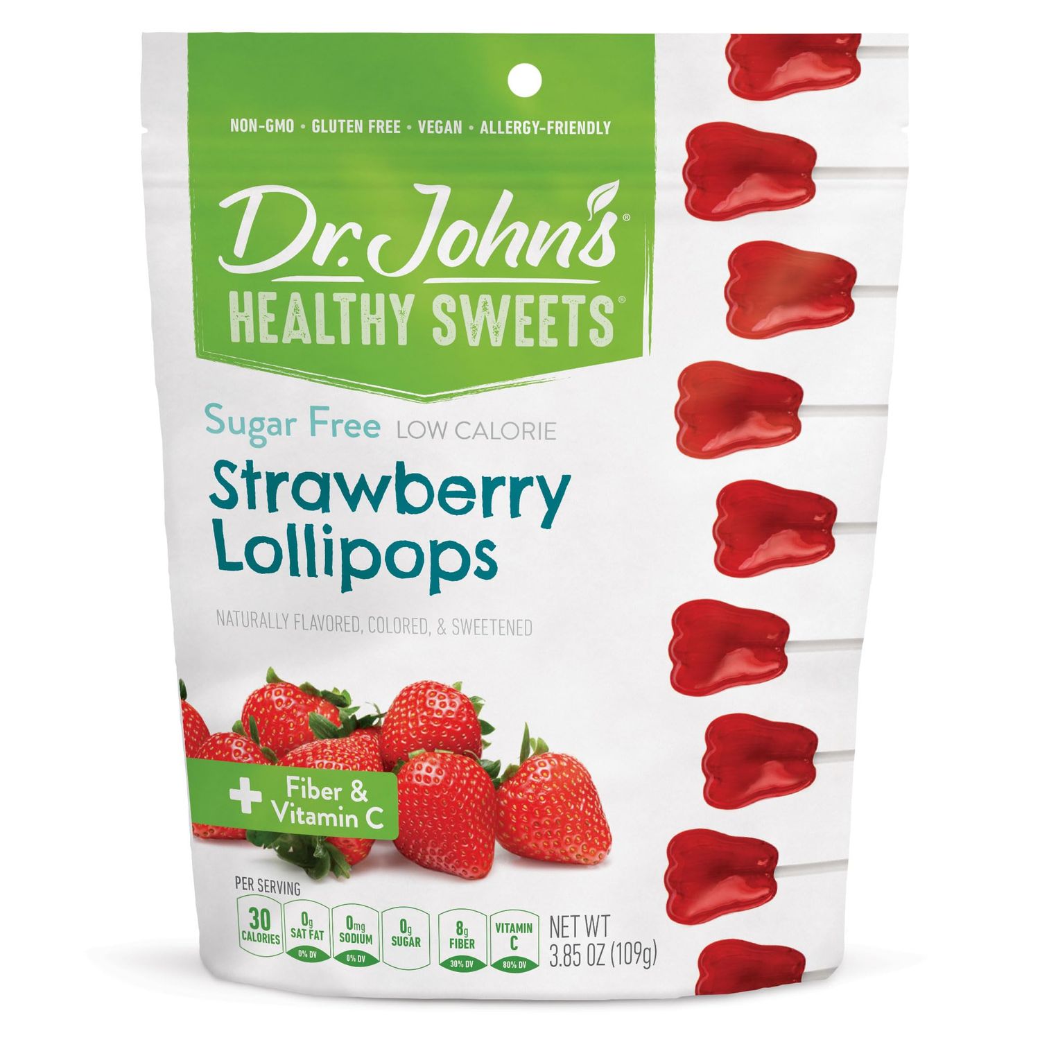 Dr. Johns Sugar Free Candy, Healthy Lollipops with Zero Sugar, Low Calorie Snacks, Keto Friendly Hard Candy Sweets, Strawberry, Tooth, 14 Count, 3.85 Oz