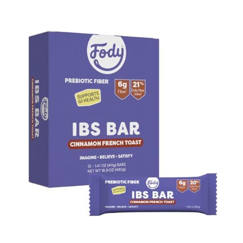 Fody Foods IBS Bar with Prebiotic Fiber | Cinnamon French Toast | Low Fodmap Snack | Supports GI Health | High in Fiber, 6 Grams Per Bar | Gluten Free, Lactose Free, Vegan | Pack of 12