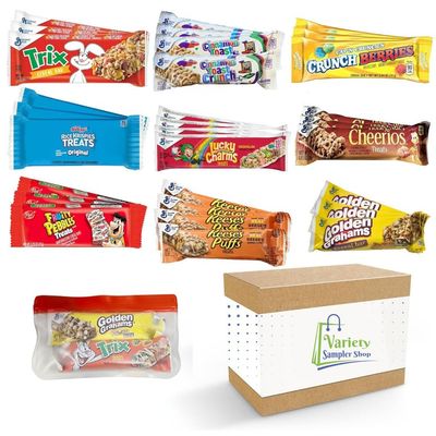 Cereal Bars Variety Pack Breakfast Food Snack Box 30 Individually Wrapped Granola Bars Lucky Charms, Cinnamon Toast Crunch, Golden Grahams, Peanut Butter Puffs and Reusable Bag