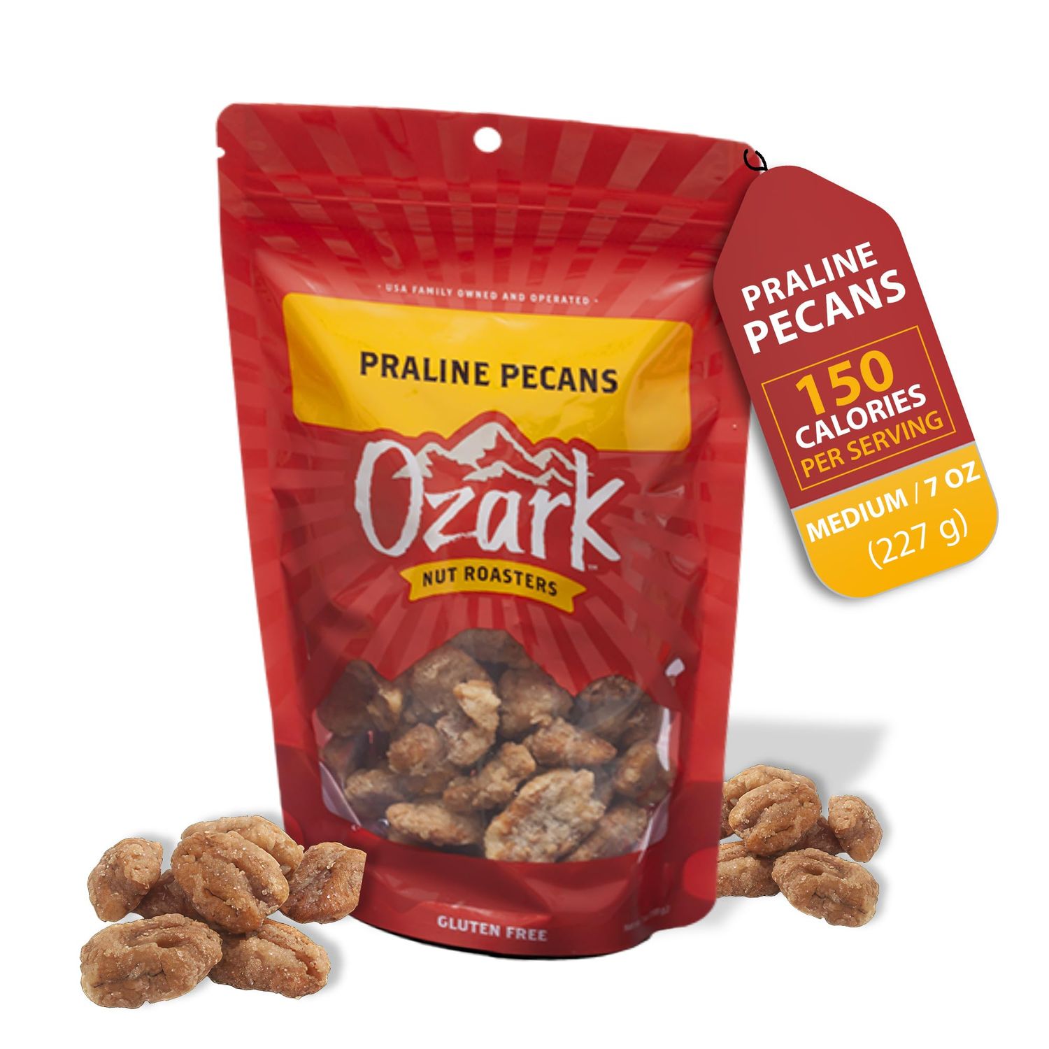 OZARK NUT ROASTERS, Praline Pecans, Flavored Snack Nuts, World-Class Gourmet Candied Peanuts, 7 Ounces Resealable Pack