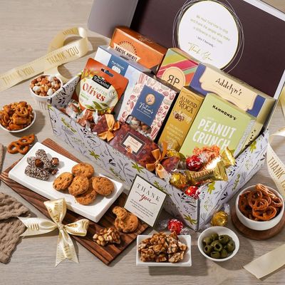 Broadway Basketeer Thank You Gift Box for Appreciation - Deluxe Gourmet Delight - Curated Gourmet Food - Treats Gift Box - Individually Wrapped Gourmet Edible Care Package