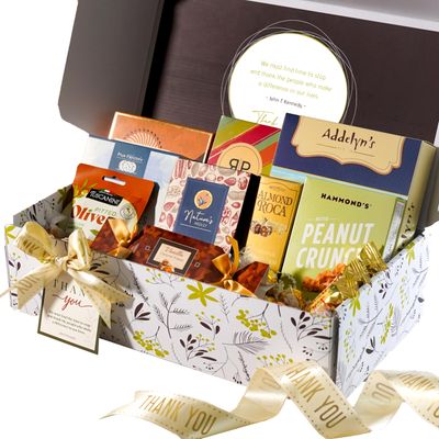 Broadway Basketeer Thank You Gift Box for Appreciation - Deluxe Gourmet Delight - Curated Gourmet Food - Treats Gift Box - Individually Wrapped Gourmet Edible Care Package
