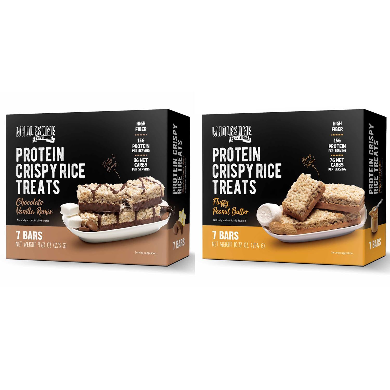 Protein Crispy Rice Treats, 15g Protein, 3g-7g Net Carbs, Variety Pack, Low Carb, Fluffy, Soft, Chewy, Gluten Free, High Fiber, Keto-Friendly