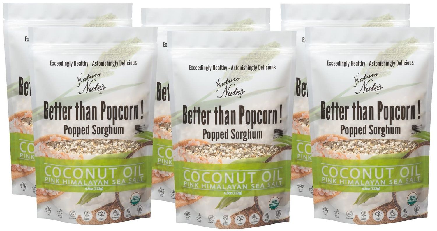 Nature Nates Popped Sorghum, Coconut Oil &amp; Pink Himalayan Sea Salt - Organic, Keto &amp; Gluten Free, Healthy Snacks, Better Than Popcorn, Made in USA - 4.3 Ounce (Pack of 6)