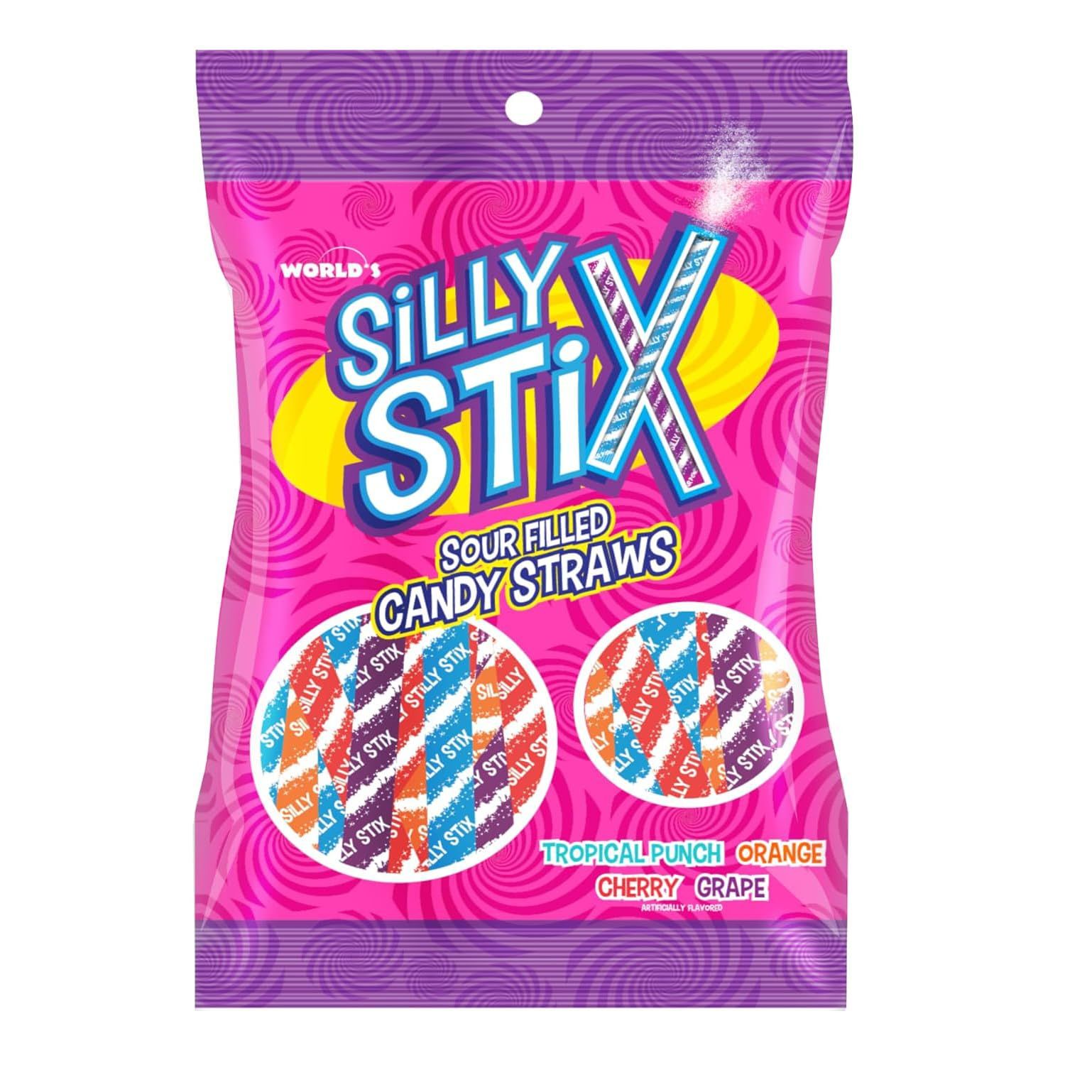 Silly Stix Sour Filled Candy Straws 2.75oz Bag - Tropical Punch, Orange, Cherry, Grape (Pack of 1)