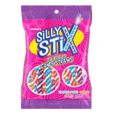 Silly Stix Sour Filled Candy Straws 2.75oz Bag - Tropical Punch, Orange, Cherry, Grape (Pack of 1)