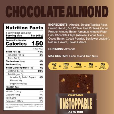 UNSTOPPABLE Vegan Protein Bars, High Protein, Plant Based, Gluten Free, High Fiber, Low Carb, Low Calorie, Healthy Snacks, Zero Sugar, Low Sugar Keto Energy Bar, Chocolate Almond, 12 Count
