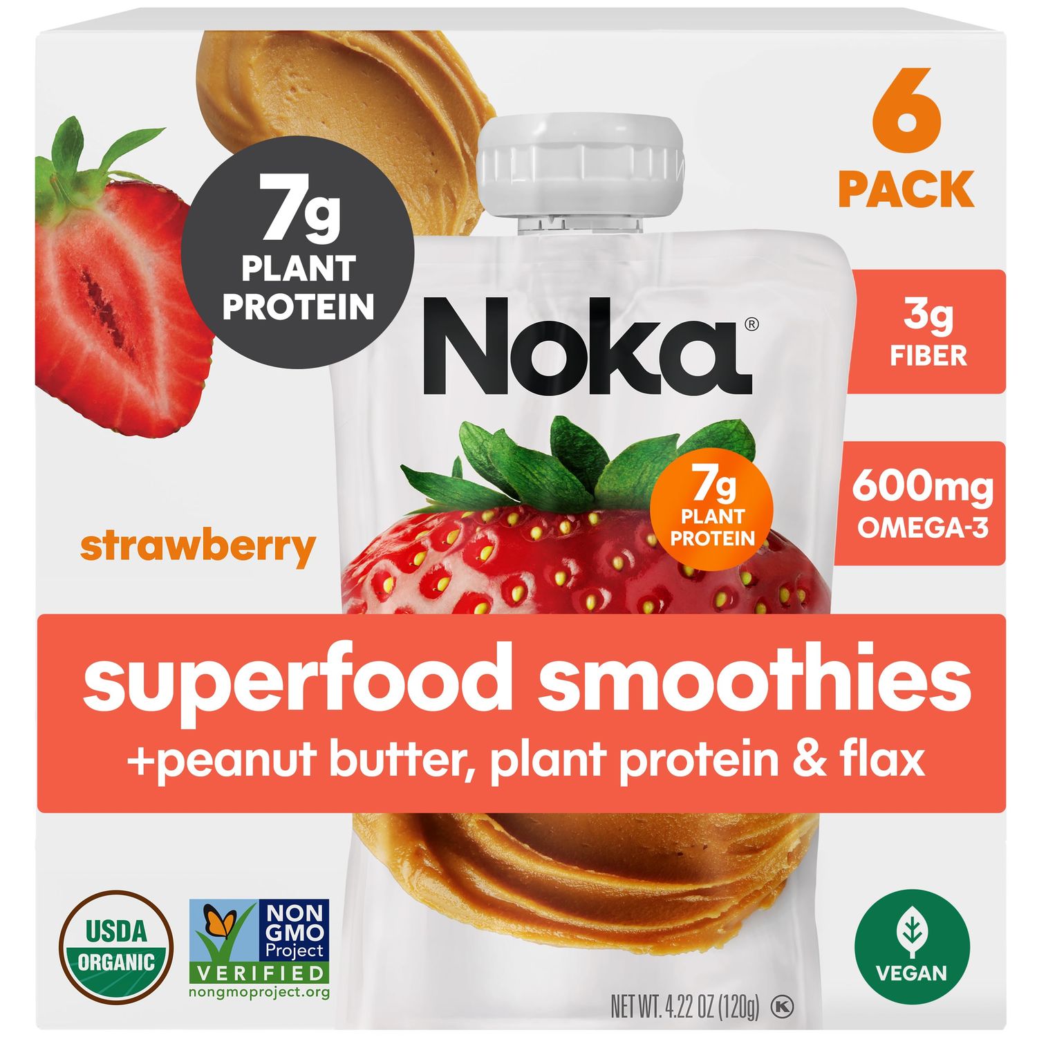 Noka Superfood Fruit &amp; Nut Butter Smoothie Pouches, Healthy Snacks (Strawberry Peanut Butter) 6 Pack, Vegan, Plant Protein, Gluten-Free, Organic, Meal Replacement Squeeze Packs, 4.22oz Ea