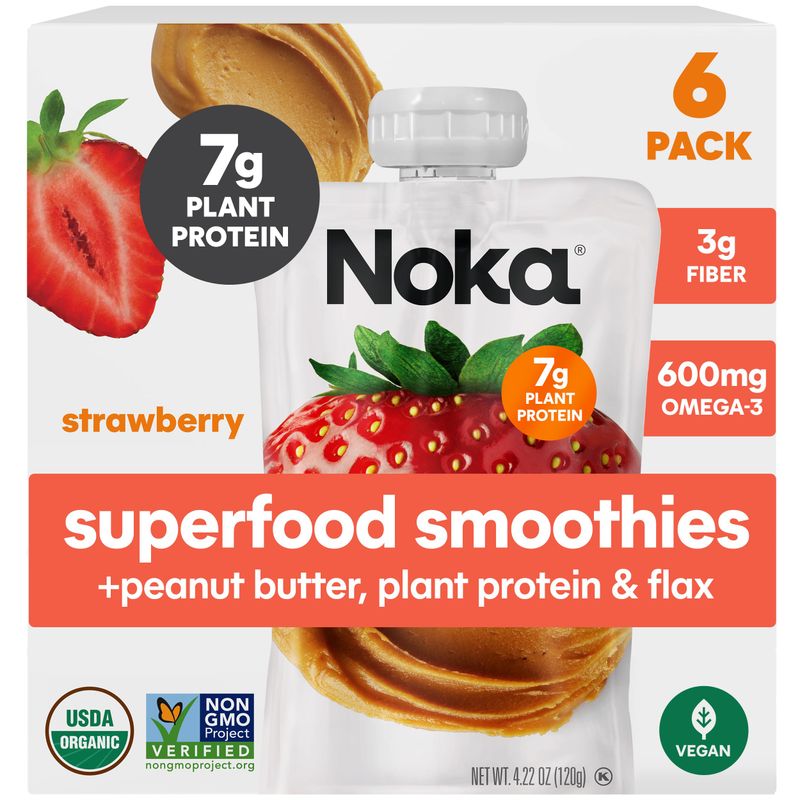 Noka Superfood Fruit &amp; Nut Butter Smoothie Pouches, Healthy Snacks (Strawberry Peanut Butter) 6 Pack, Vegan, Plant Protein, Gluten-Free, Organic, Meal Replacement Squeeze Packs, 4.22oz Ea