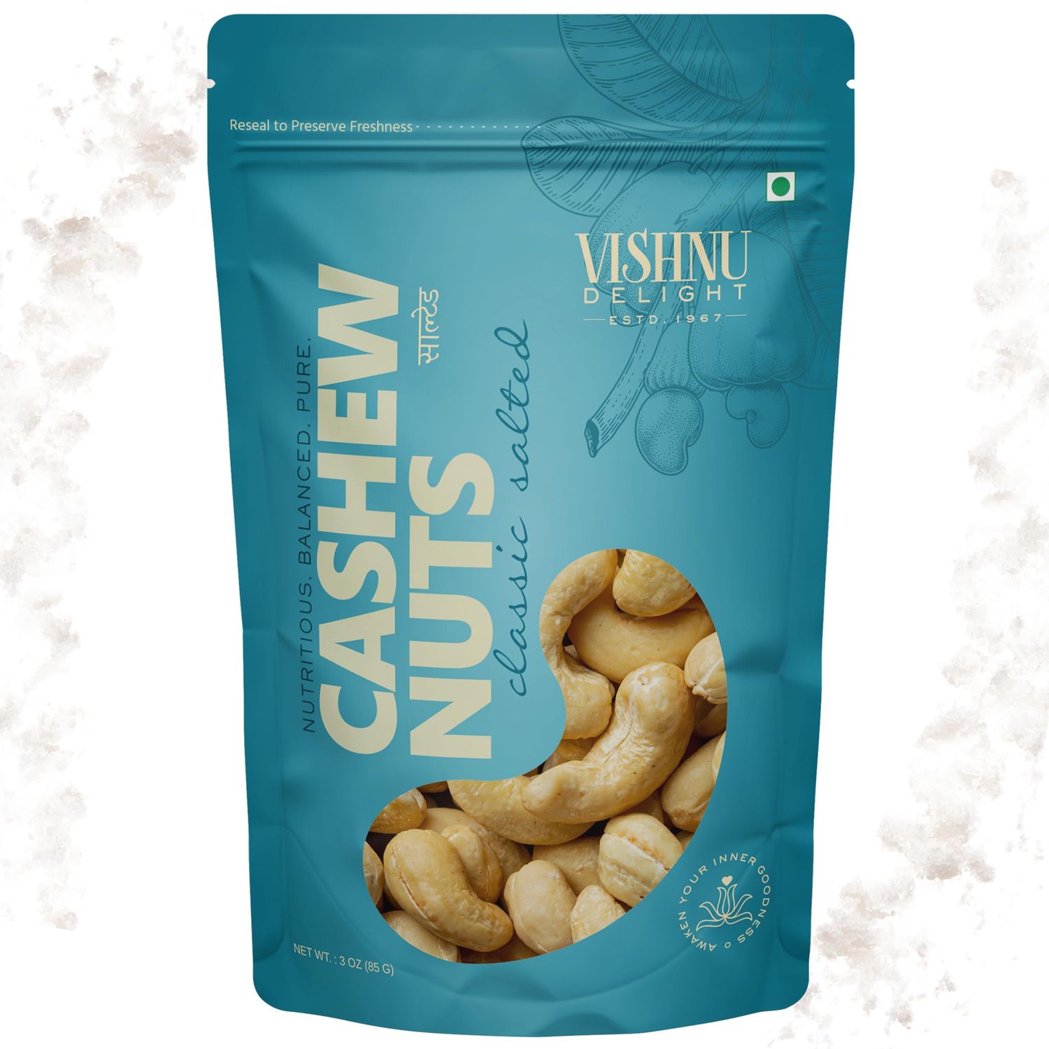 Vishnu Delight Flavored Dry Roasted Cashews - Gluten Free, Low Calorie, Zero Oil Vegan Snack Pack - Flavored Cashews Plain Salted, 3 Oz (Pack of 1)
