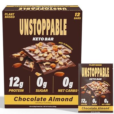 UNSTOPPABLE Vegan Protein Bars, High Protein, Plant Based, Gluten Free, High Fiber, Low Carb, Low Calorie, Healthy Snacks, Zero Sugar, Low Sugar Keto Energy Bar, Chocolate Almond, 12 Count