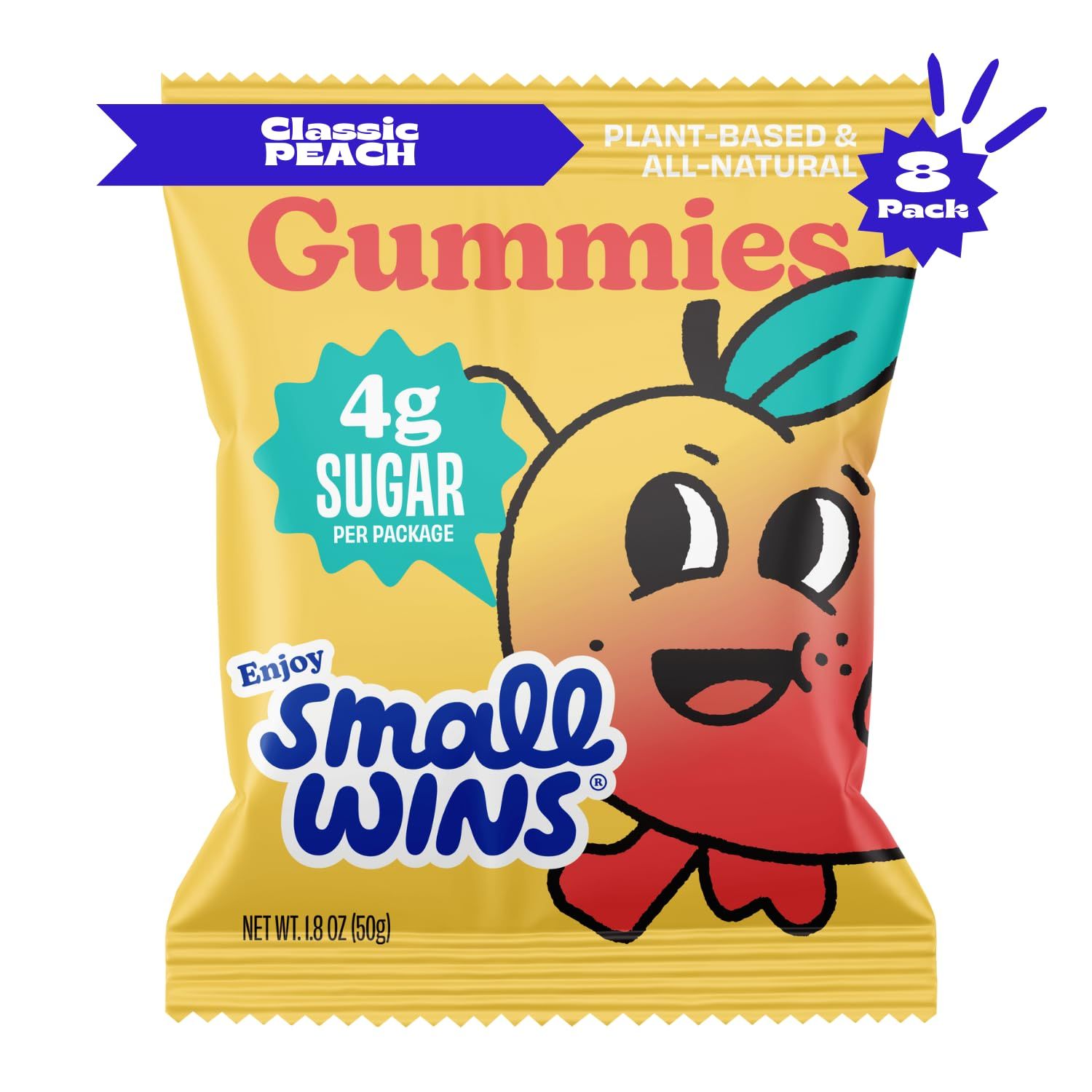 Enjoy Small Wins Candy by Jayson Tatum, Healthy Gummy Candy with Low Sugar, Low Calorie Snacks, Organic Plant-Based Ingredients, Classic Peach Flavors, 1.8 OZ, Pack of 8