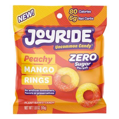 JOYRIDE Sugar-Free Peachy Mango Rings - Keto Gummy Candy with Zero Sugar &amp; 6g Net Carbs - Low Calorie Vegan Snack with No Sugar Alcohols, 1.8oz (Pack of 8)