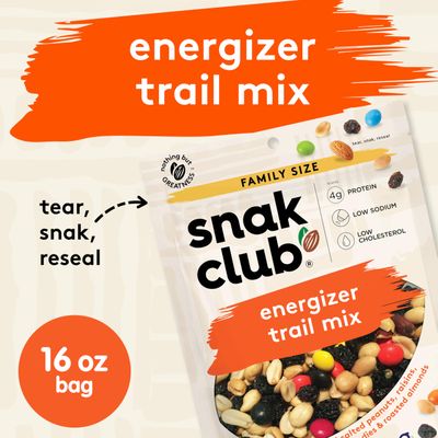 Snak Club Energizer Trail Mix with Roasted Salted Peanuts, Raisins, Chocolatey Candies, Roasted Almonds, Gluten-Free and Kosher Snack, 16 oz Resealable Bag
