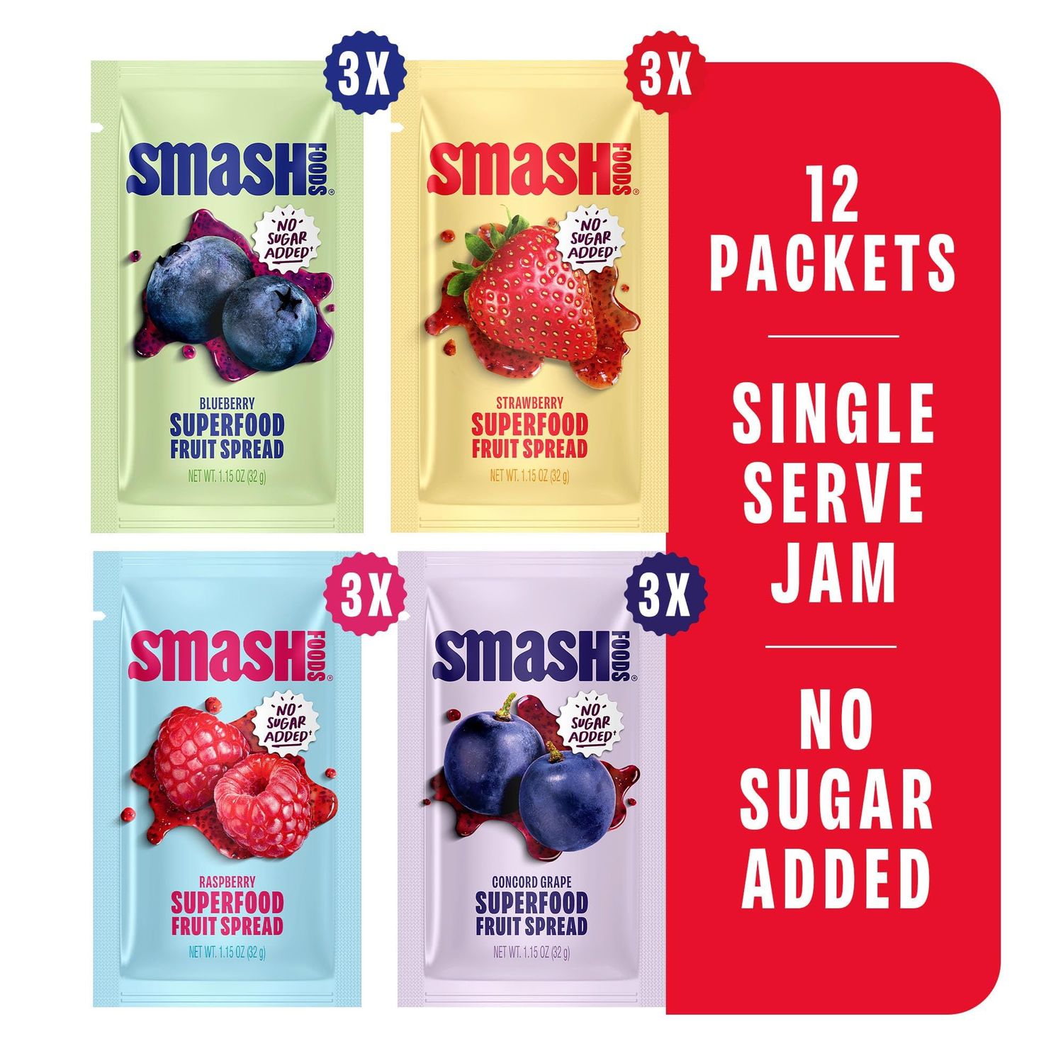 Chia Smash Single Serve Jam Packets | Variety 12-Pack | Natural, Keto &amp; No Sugar Added | Vegan &amp; Upcycled Fruit Spread | Low-Calorie, Superfood Snack | Single-Serve (12 Packets)