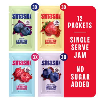 Chia Smash Single Serve Jam Packets | Variety 12-Pack | Natural, Keto &amp; No Sugar Added | Vegan &amp; Upcycled Fruit Spread | Low-Calorie, Superfood Snack | Single-Serve (12 Packets)