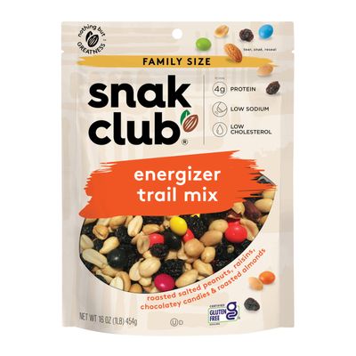 Snak Club Energizer Trail Mix with Roasted Salted Peanuts, Raisins, Chocolatey Candies, Roasted Almonds, Gluten-Free and Kosher Snack, 16 oz Resealable Bag
