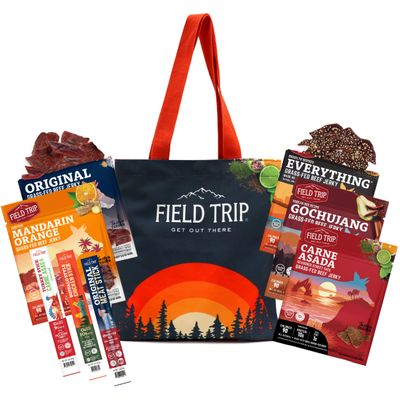 Field Trip 8-Pack Jerky Variety Pack in Tote Bag - Canvas Bag with 5 2.2oz Beef Jerky and 3 1oz Jerky Sticks - High Protein, Gluten Free, Low Calorie Snacks - All Natural Gift Snack Bag