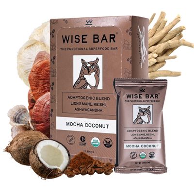 Wise Bar Adaptogen Mushroom Nutrition Bars | Mocha Coconut Flavor | 12 Count | Functional Mushrooms and Adaptogens Bar | Organic Nutrition Energy Bars, Vegan, Gluten Free