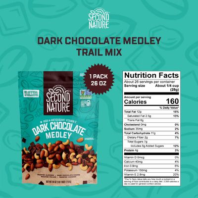 Second Nature Dark Chocolate Medley Trail Mix, 26 oz. Resealable Pouch (Pack of 1) - Certified Gluten-Free Snack Mix - Dark Chocolate and Nut Trail Mix Ideal for Quick Travel Snacks or Lunch Snacks