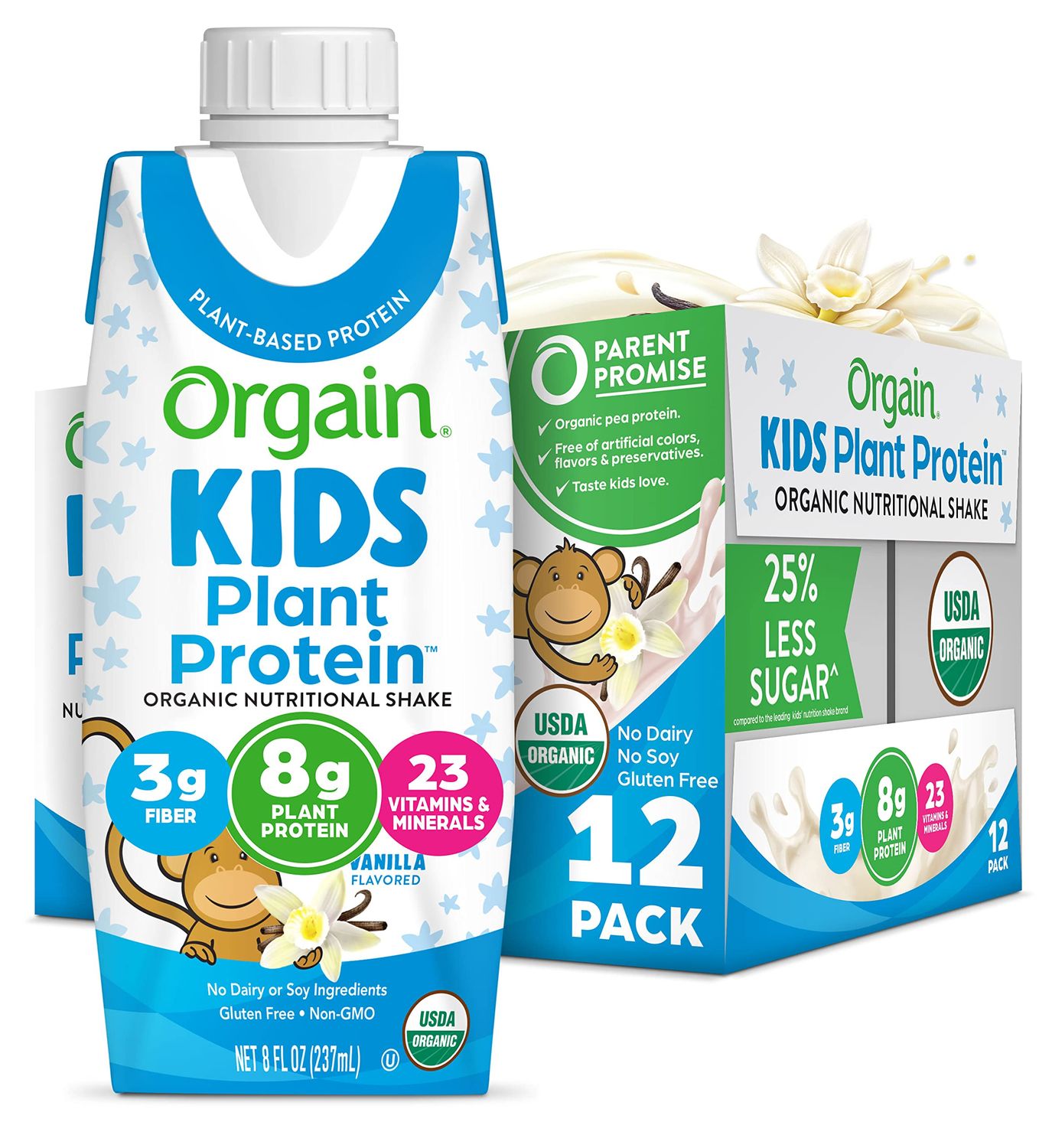Orgain Organic Kids Nutritional Vegan Protein Shake, Vanilla - Healthy Kids Snacks, 8g Plant Protein, 3g Fiber, 23 Vitamins &amp; Minerals, No Dairy &amp; Soy Ingredients, Non-GMO, 8 Fl Oz (Pack of 12)
