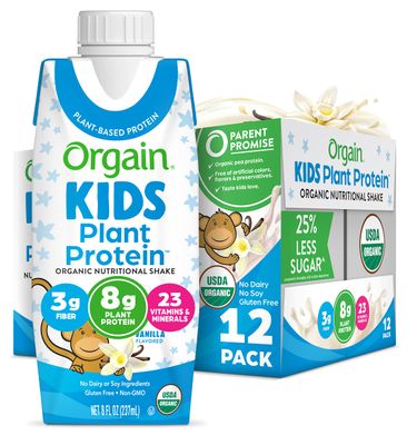Orgain Organic Kids Nutritional Vegan Protein Shake, Vanilla - Healthy Kids Snacks, 8g Plant Protein, 3g Fiber, 23 Vitamins &amp; Minerals, No Dairy &amp; Soy Ingredients, Non-GMO, 8 Fl Oz (Pack of 12)
