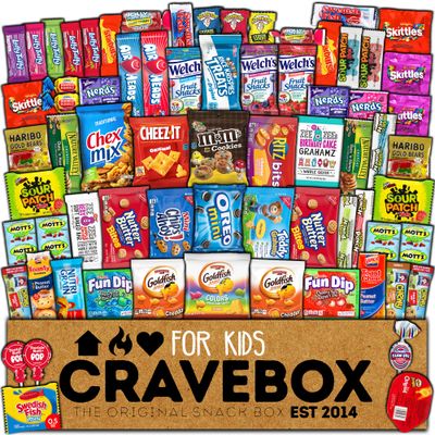 CRAVEBOX Kids Snack Box (55 count) Variety Snacks Pack Care Package - Valentines Day - College Back to School