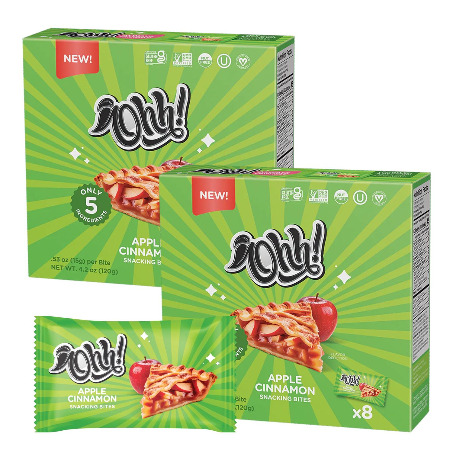 Ohh Foods Apple Cinnamon Snacking Bites - Vegan &amp; Gluten-Free - Made with 5 Simple Ingredients - Individually Wrapped, No Artificial Additives - Healthy Snack - 2 Pack - 4.2 oz (120g)