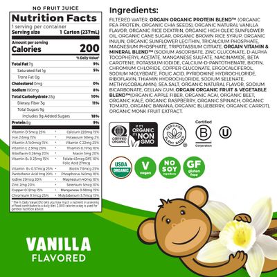 Orgain Organic Kids Nutritional Vegan Protein Shake, Vanilla - Healthy Kids Snacks, 8g Plant Protein, 3g Fiber, 23 Vitamins &amp; Minerals, No Dairy &amp; Soy Ingredients, Non-GMO, 8 Fl Oz (Pack of 12)