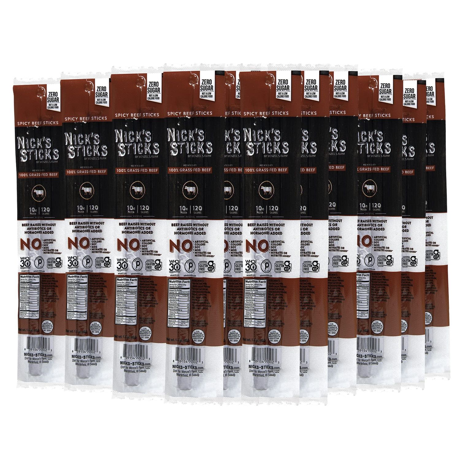 Nick&#39;s Sticks 100% Grass-Fed Spicy Beef Snack Sticks | Made in the USA | Gluten Free | Paleo, Keto, Whole30 Approved | No Soy, Antibiotics or Hormones (25 - 1.7oz. Packs of 2 Sticks)